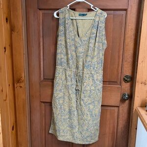 Prana Exotropics Cabana Straw Tie Waist  Yellow and Blue Leaf Print Dress Size M